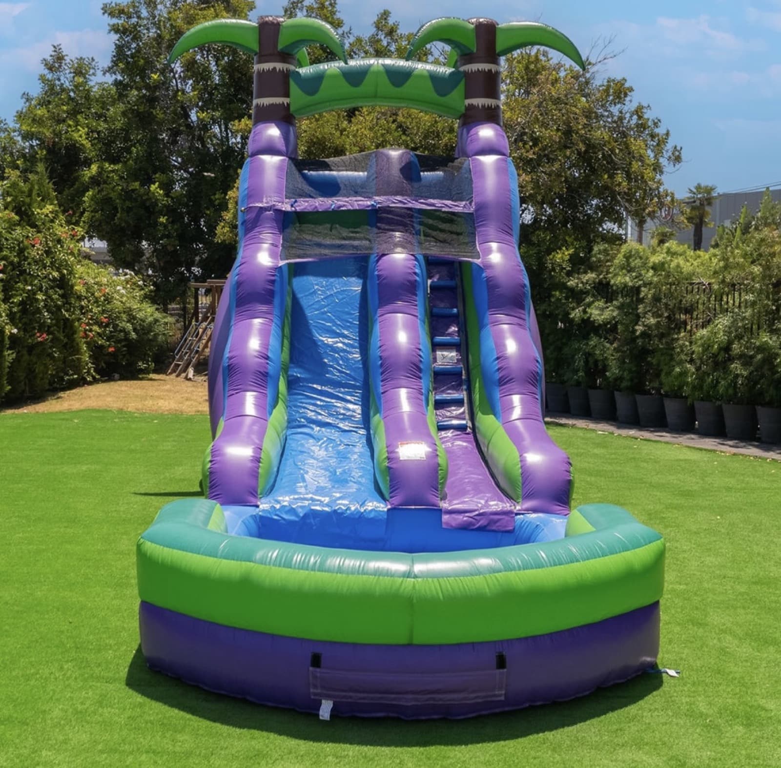 Enchanted Tropical single water slide with palm trees and splash pool