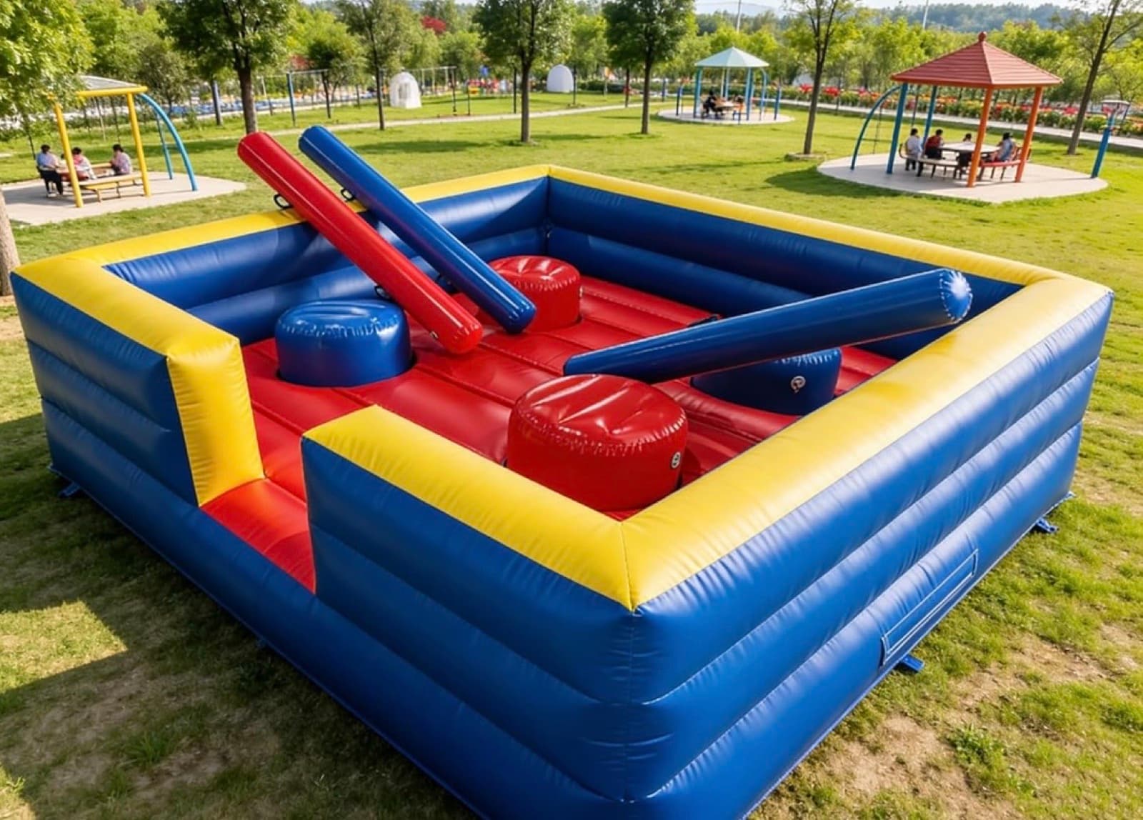 Blue and red inflatable joust arena set up in a park