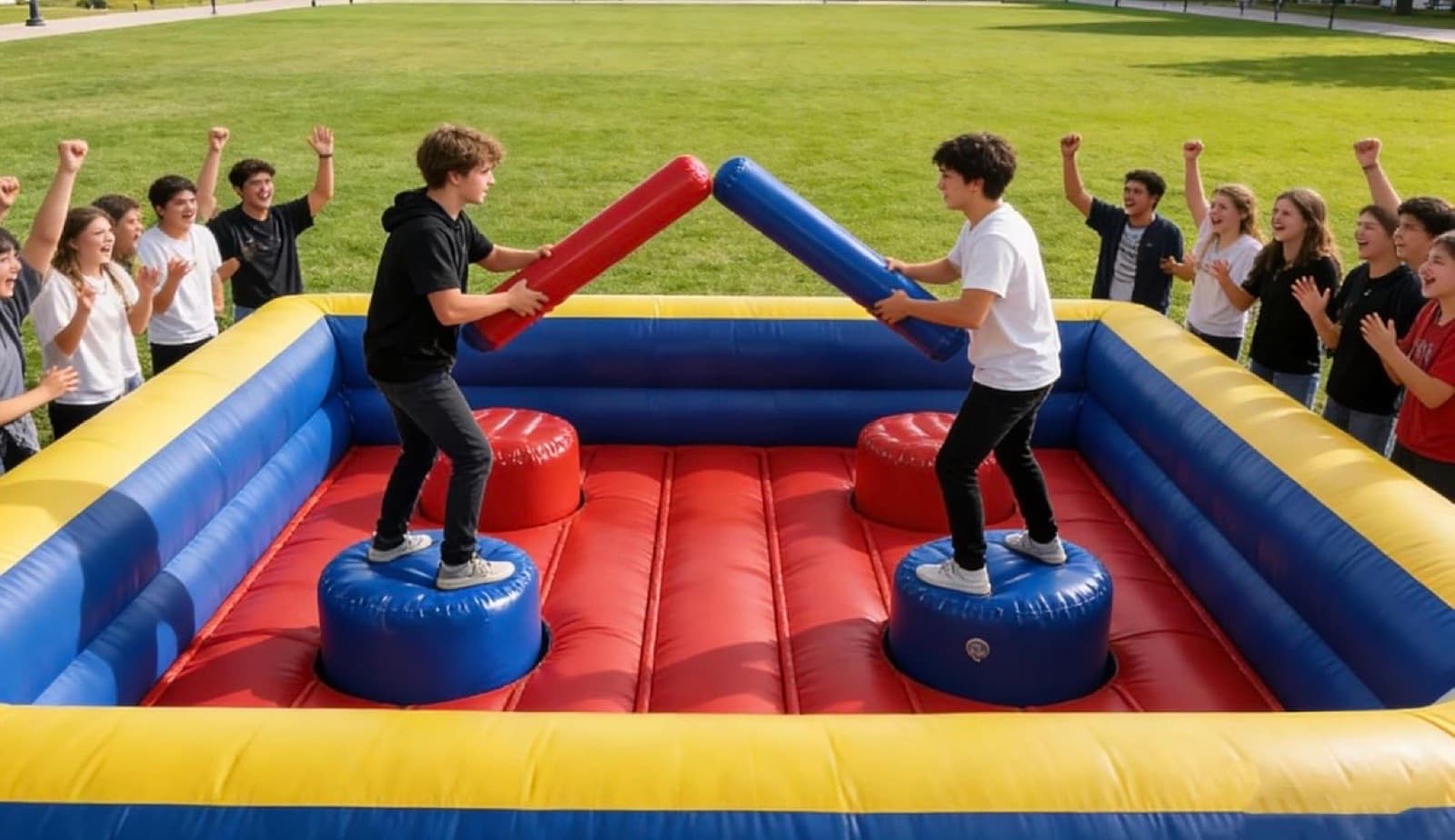 Kids enjoying an inflatable joust arena rental