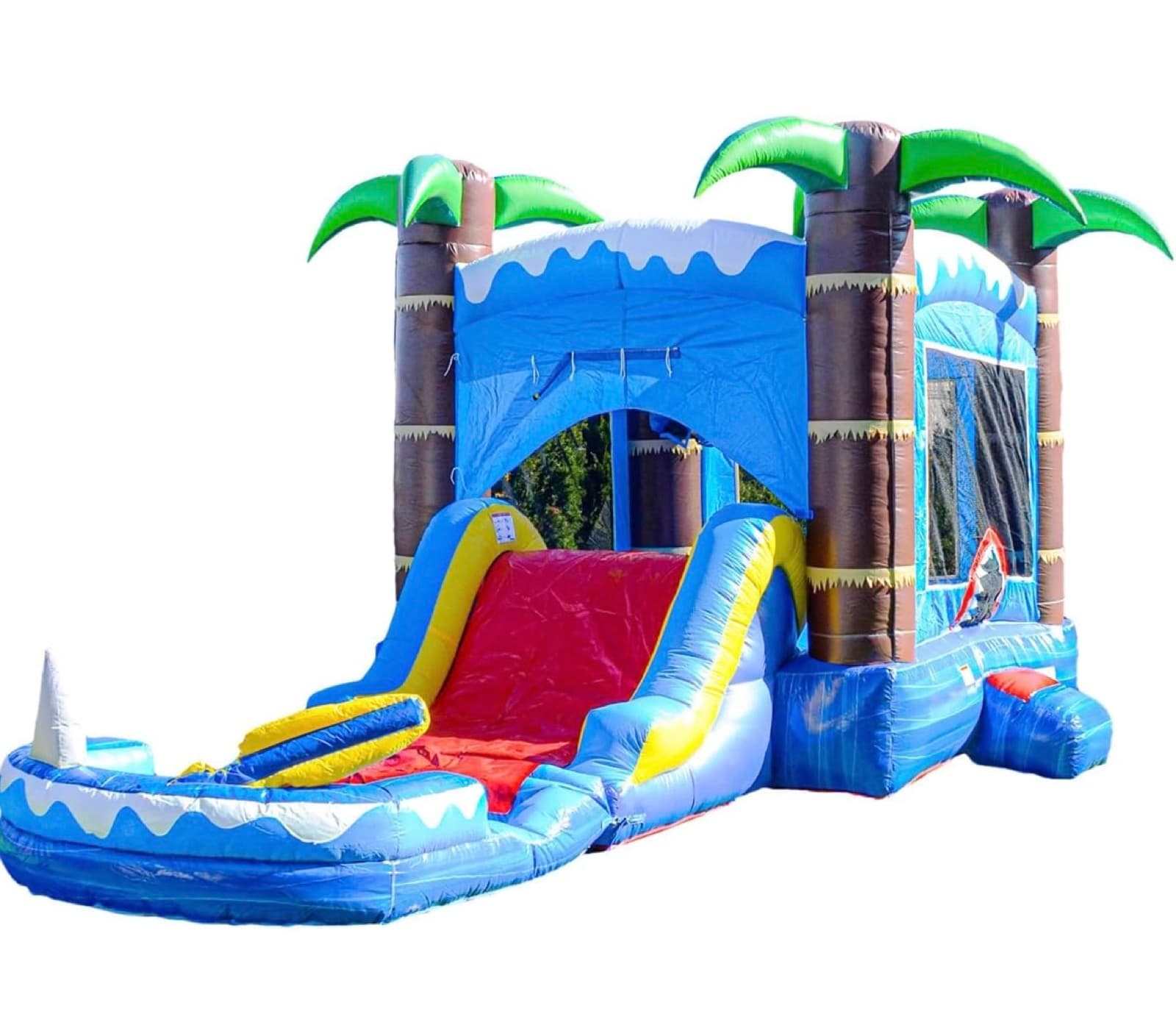 Shark themed tropical combo bounce house with palm trees and slide