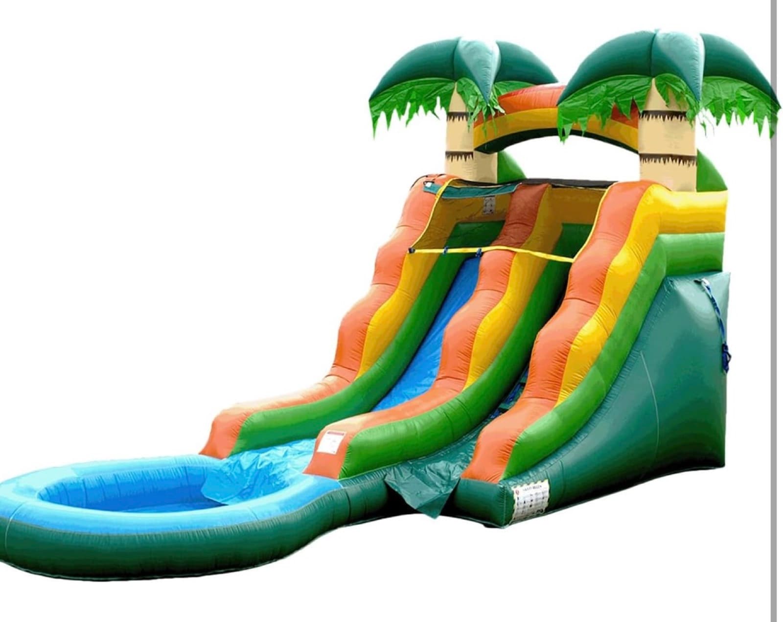 Tropical palm tree themed water slide with triple lanes and splash pool